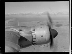 Handley Page Hastings airplane in flight, view of engine