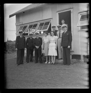 Enid Qunital and Alma Edward with New Zealand National Airways Corporation Dakota crew on Norfolk Island, from left are Bob Bruce, J Doid, Mr Robinson, R Purdie, J G Aspray, G Walker