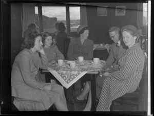 Mrs M Walker, Zillah Ford, Valerie Ford, Mrs W D Todd all of Ashburton and A W George of Christchurch in the passenger lounge at airport