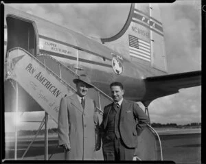 Mr Nyland and unidentified man, passengers on the airplane Clipper Westward Ho, Pan American World Airways