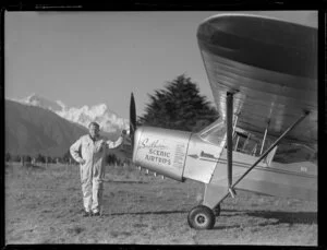 Southern Scenic Airtrips, F J Lucas with Auster aircraft at Weheka, South Westland