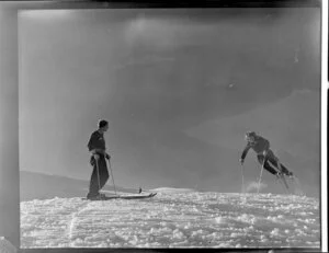 Two skiers, Coronet Peak Ski Field, Queenstown