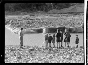 School children and teacher examining terminal face changes at Fox Glacier
