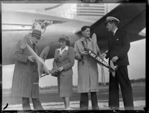 MacDonald model aeroplanes being shown to the pilot and stewardess, Whenuapai