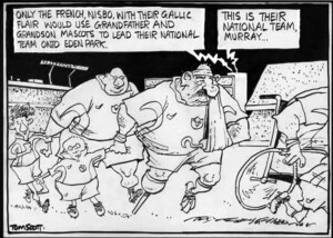 "Only the French, Nisbo, with their Gallic flair would use grandfather and grandson mascots to lead their national team onto Eden Park." "This IS their national team, Murray..." 2 June, 2007