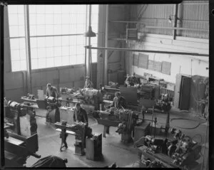 Engineers working on lathes, Wigram, Christchurch