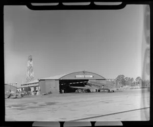 Qantas Empire Airways workshop, including hangar and aircraft VH-EAO and VH-USM, Archerfield aerodrome, Brisbane, Australia