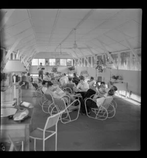 Unidentified crew and passengers, Qantas Empire Airways passenger lounge, Berrimah, Darwin, Australia