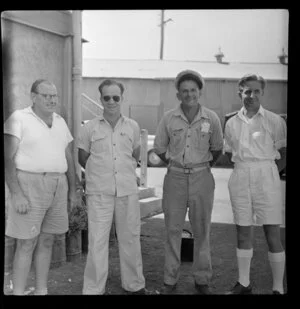 Civil Aviation officials, from left, Control Officer GN Vivian, Airport Manager RV Crompton, Leading Hand [FB Base?] NF Lynch and Senior Air Traffic Control Officer BH Bayly, Darwin, Australia