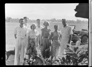 Qantas Lae office staff, P Shanler, senior traffic officer, Miss A Armitige, secretary, (front) Mr G Watte, traffic officer, Mr I Little, traffic officer, Miss J Voysey, typist, Miss M Walker, typist, Mr H Hinwood, area manager for Papua New Guinea