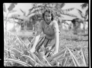 An unidentified women taking a photo front of a pineapple tree at Berrimah Gardens, [possibly Qantas staff?], Australia