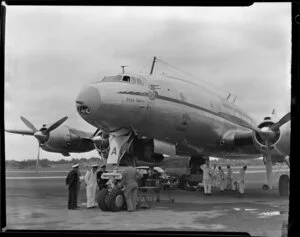 View of nose of Qantas Constellation Ross Smith, Whenuapai Royal New Zealand Air Force base