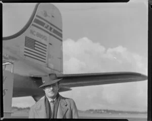 Passenger Colin Tapley, having arrived on Pan American World Airways Douglas DC-4 NC88951 Clipper Racer aircraft [Whenuapai Royal New Zealand Air Force base?]