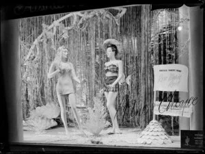 Window display featuring Californian designed Rose Marie Reid swimwear [made by Korma Mills?] at Milne and Choyce department store, Auckland