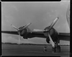 Pan American World Airways aircraft Douglas DC-4 NC88951 Clipper Racer with engine covers on [Whenuapai Royal New Zealand Air Force base?]