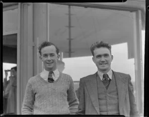 Two unidentified men [Simpson?] at Whenuapai Royal New Zealand Air Force base control tower