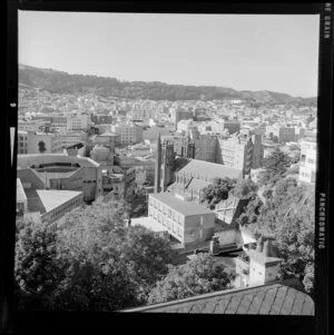 Looking down from The Terrace to St Mary's of the Angels church and the St George Hotel on Boulcott Street, Wellington