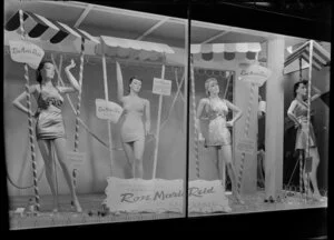 Window display featuring Californian designed Rose Marie Reid swimwear [made by Korma Mills?] at John Court department store, Auckland