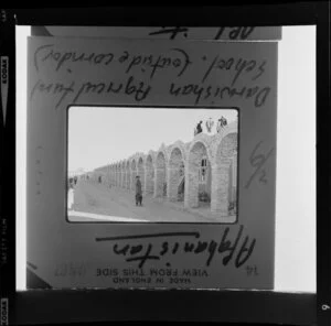 Copy of a photographic slide showing the outside corridor of Darwishan Agricultural School in Afghanistan