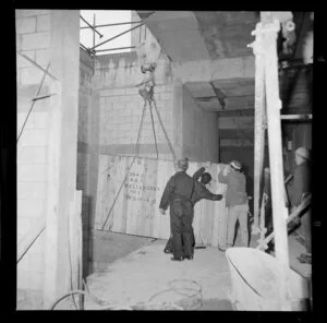 Lifting materials into the basement of the Reserve Bank of New Zealand under construction, Wellington