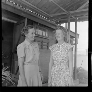 From left, Miss S B Leslie [Ex New City Christchurch?] and M C Bell at Nadi Airport, Fiji
