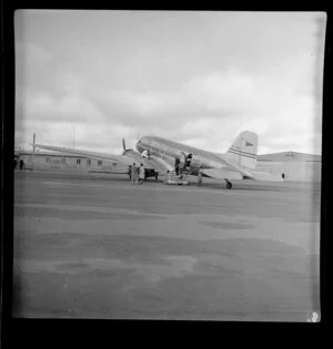 Part one of a two part panorama, Trans Australia Airlines DC3 aeroplane in Griffiths airport, Adelaide, Australia