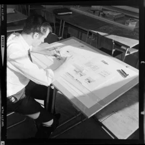 Draughting student working on architectural plans at the Central Institute of Technology, Petone, Wellington
