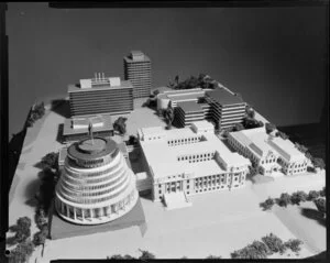 Architects models for Parliamentary precinct, showing the Beehive, Parliamentary Building, Library etc