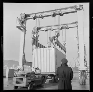 Drott travelift loader demonstration with container, Wellington Harbour Board