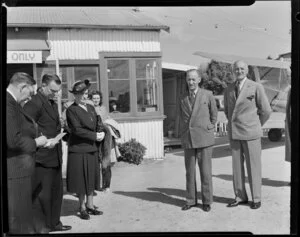 Opening ceremony at Rukuhia for Hamilton, Auckland, Rotorua, Wellington service, New Zealand National Airways Corporation, Mrs Ross (Member of Parliament), Mr Caro (Mayor of Hamilton), Colonel Mothes (New Zealand National Airways Corporation)