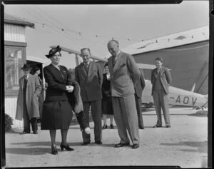 Opening ceremony at Rukuhia for Hamilton, Auckland, Rotorua, Wellington service, New Zealand National Airways Corporation, Mrs Ross (Member of Parliament), Mr Caro (Mayor of Hamilton), Colonel Mothes (New Zealand National Airways Corporation)