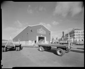 Waterloo wharf, showing Shed 19 and empty trailers