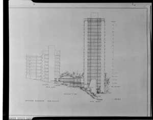 Architect's sketch of office blocks and shops, Plimmers Steps, Wellington, by Williams Architectural division