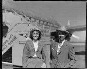 Pan American World Airways, passengers, Mr and Mrs Schramm, [Whenuapai, Auckland?]
