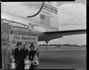 Pan American World Airways, passengers, Mr and Mrs Best and family [Whenuapai, Auckland?]