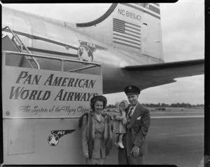 Pan American World Airways, passengers, Mr and Mrs Diedrich and baby, [Whenuapai, Auckland?]