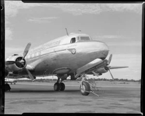 Nose view of DC6 aeroplane RMA Discovery, British Commonwealth Pacific Airlines