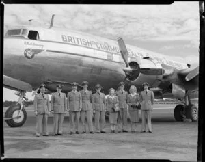 Crew of DC6 aeroplane RMA Discovery, including air hostess Miss D Kelple, Miss N Mckellar and Captain N Hemsworth, British Commonwealth Pacific Airlines