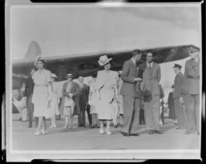 King George VI, Elizabeth Queen consort and Princess Elizabeth arrive at Pretoria, South Africa as they depart a Viking aircraft