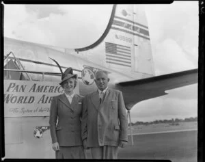 Mr and Mrs Nimmo on arrival of Pan Am World Airways flight