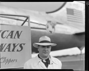 Mr Jakowsky of Pan-American World Airways, with 'Flying Clipper' seaplane
