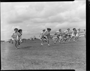 Air Force sports day, WAAFs 75 yd race won by Eustace (3rd from left) from Gray, far right