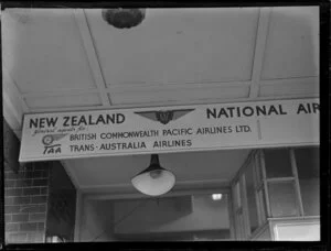 The BCPA (British Commonwealth Pacific Airlines Ltd) signboard, outside the NAC (New Zealand National Airways) office, Auckland