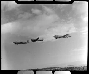 Dakota airplanes in formation, over Whenuapai airbase, Waitakere City, Auckland