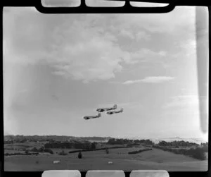 Squadron 41 flying DC4 airplanes over Whenuapai airbase, Waitakere City, Auckland