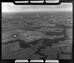 RNZAF (Royal New Zealand Air Force) Squadron 41, flying in formation over Whenuapai airbase, Waitakere City, Auckland