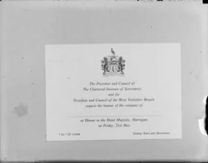 Invitation for a dinner held by the Chartered Institute of Secretaries and the West Yorkshire Branch, Hotel Majestic, Harrogate, Fri 21st May