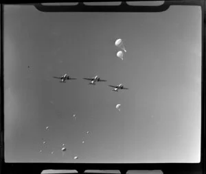Royal New Zealand Air Command RAC Pageant at Mangere, 41 Transport Squadron dropping supplies by parachute