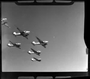 Royal New Zealand Air Command RAC Pageant at Mangere, 41 Transport Squadron Douglas Dakota aircraft flying in formation