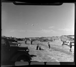 Royal New Zealand Air Command RAC Pageant at Mangere, supplies dropped by parachute from Douglas Dakota aircraft